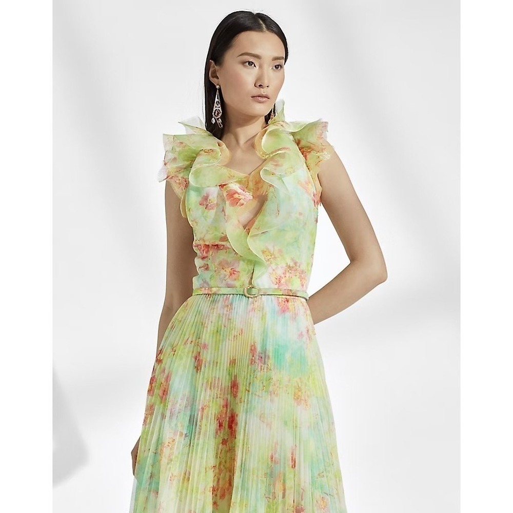 NWT Ralph Lauren Purple Label Tasha Floral Tulle Ruffle V Neck Midi Dress Size 8